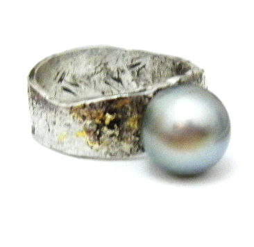 Fused Silver and Gold Ring with Tahitian Pearl